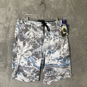 NWT Huk Fishing Mens 36 Board Shorts Swim Gray Mossy Oak Elements Hydro Camo